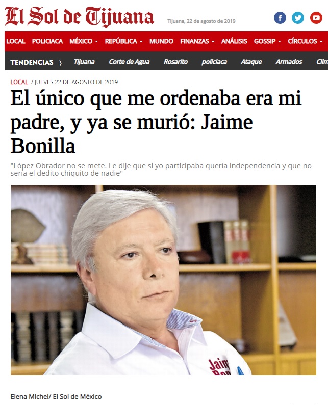 Portada digital de El Sol de Tijuana del 22 de agosto de 2019