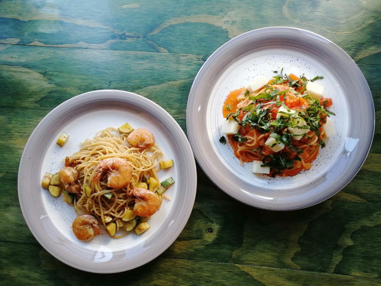 Gamberie zucchine/Espagueti a la Sorrentina,