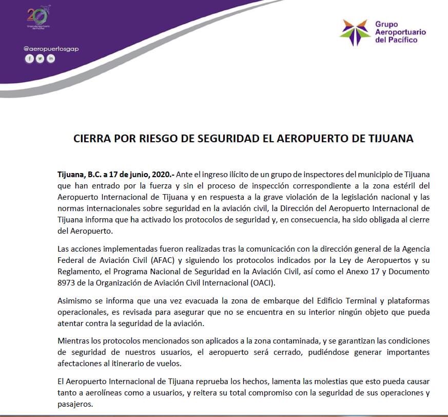 Comunicado del Aeropuerto Internacional de Tijuana