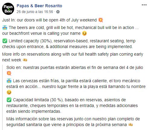 Captura de pantalla Facebook Papas & Beer