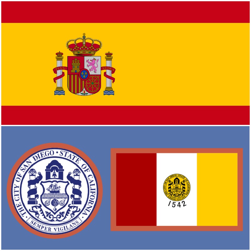 Bandera de España y escudo de San Diego