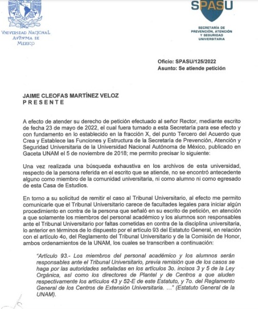 Jaime Martínez Veloz (Carta UNAM) I