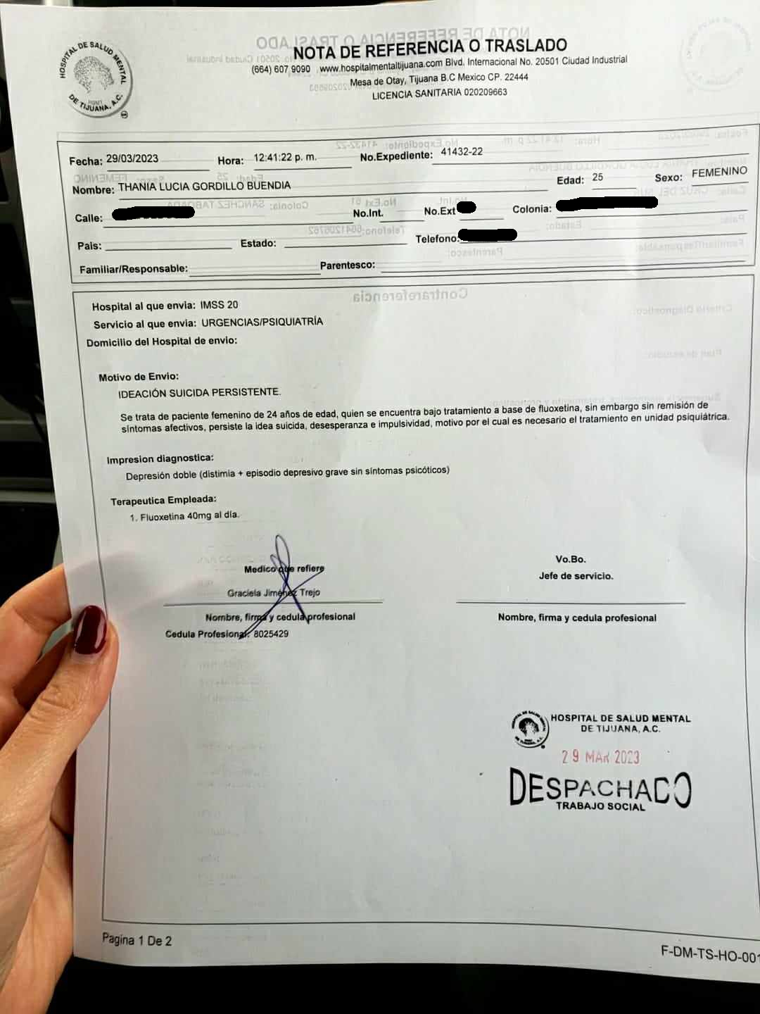 Orden de hospitalización de Thania