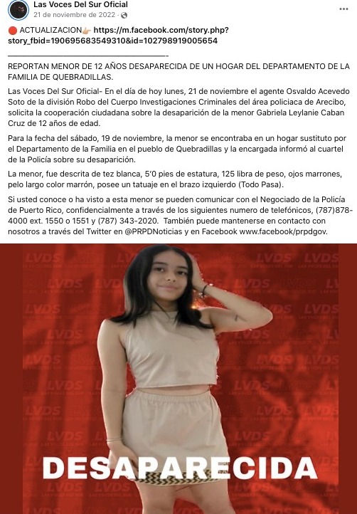 Reporte de Menor de 13 años desaparecida
