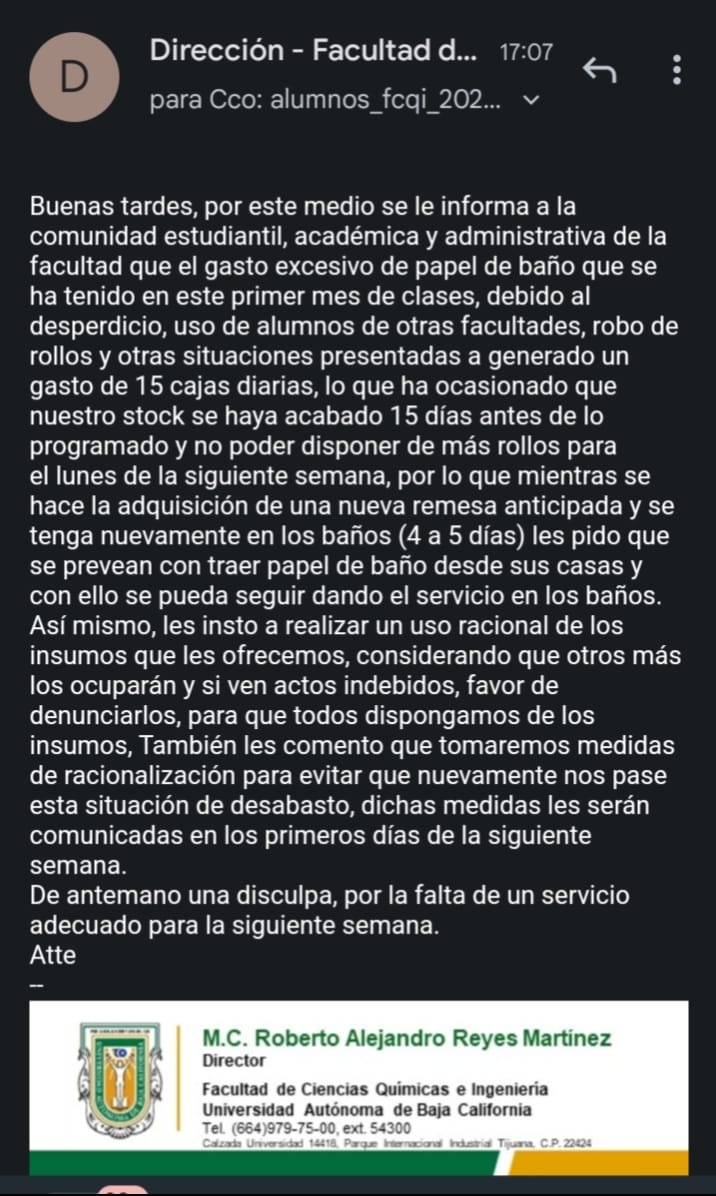 El comunicado fue compartido a través de un correo electrónico a alumnos de la facultlad