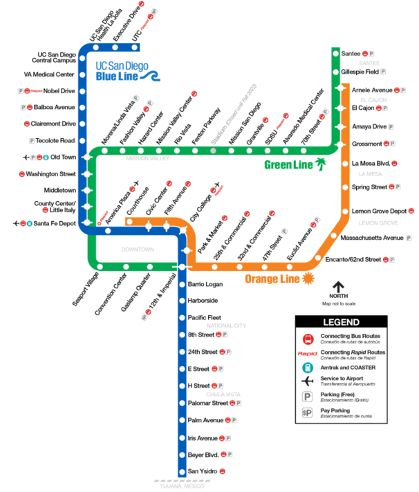 Actuales líneas y rutas del Trolley en San Diego